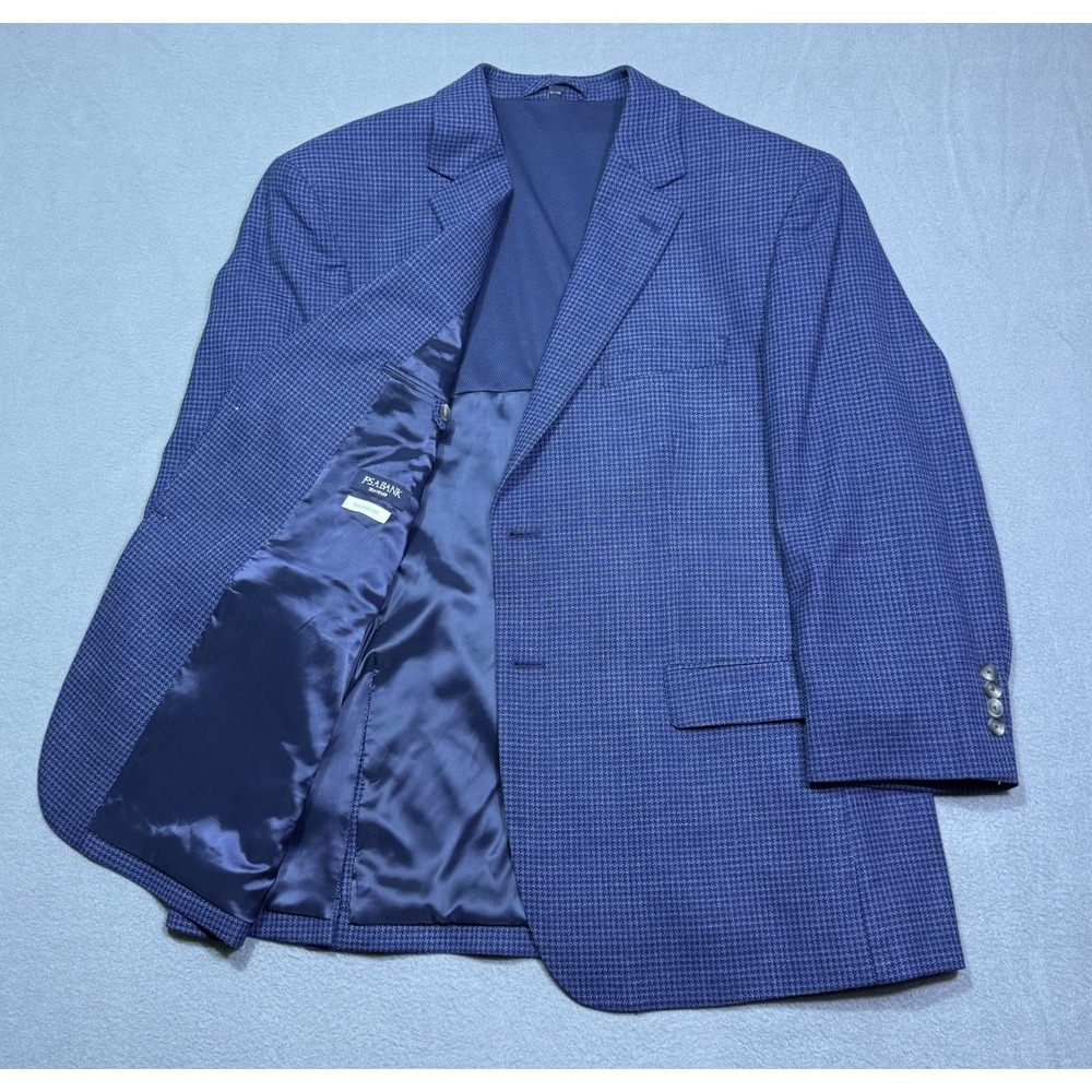Jos A Bank Traveler Sport Coat Mens 48R Blue Houndstooth Wool Tailored Fit